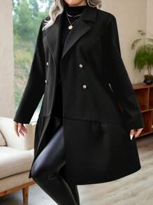 SHEIN LUNE Plus Lapel Neck Double Breasted Belted Overcoat Fall Winter Cloth For Women Autumn - Black - View 4