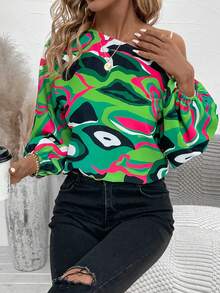 SHEIN Clasi Allover Print Asymmetrical Neck Lantern Sleeve Blouse - Multicolor - View 5