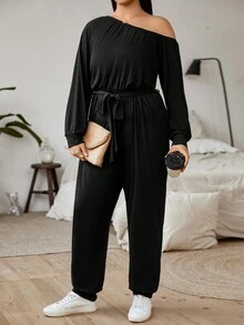SHEIN Clasi Mono con cuello asimétrico y cinturón talla grande - Negro - Ver 5