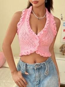 SHEIN MOD Women'S Solid Knitted Halter Top With Button And Ruffle Detail At Neckline - Pink - View 5