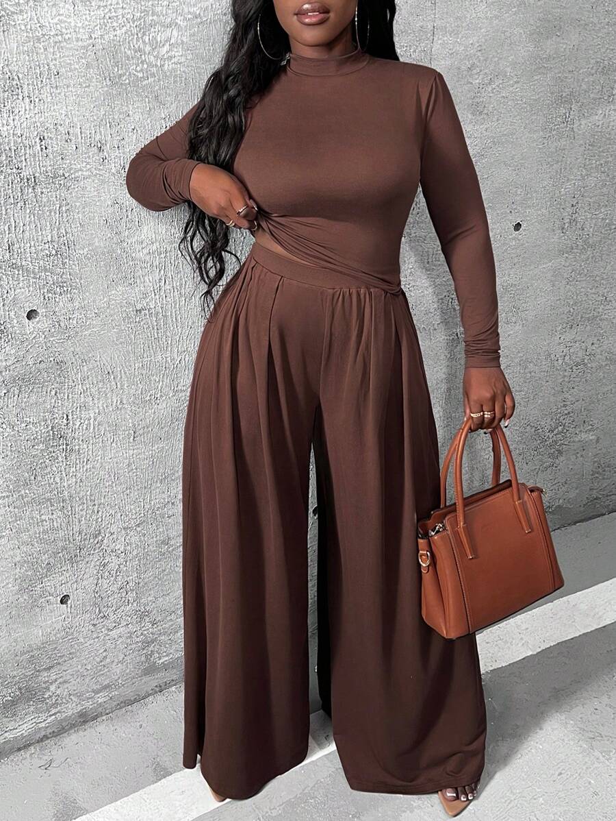 Slaydiva Women's Slim Fit Stand Collar T-Shirt And Wide Leg Pants Set