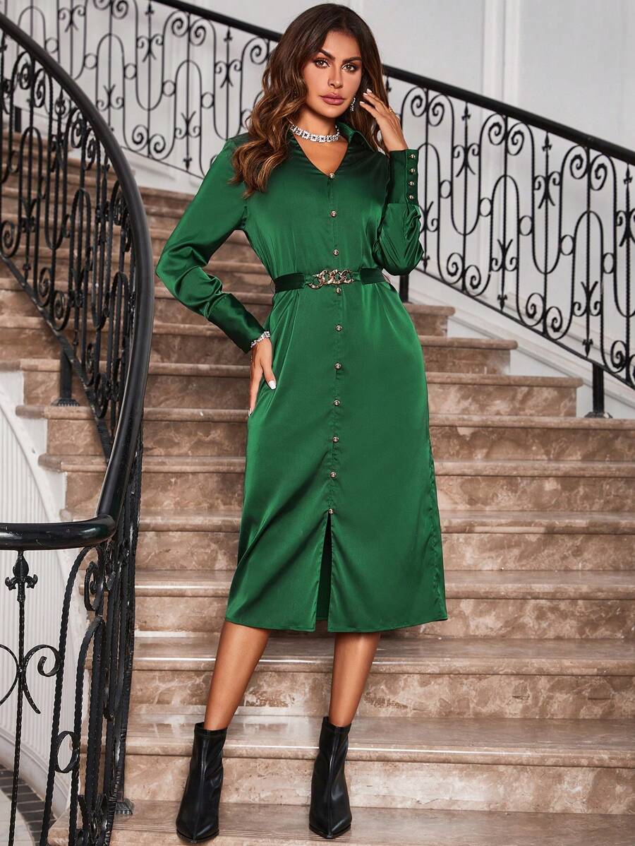 SHEIN Clasi Vestido Decorado Con Botones De Manga Larga Y Cuello Vuelto Para Mujer - Verde Oscuro - Ver 1