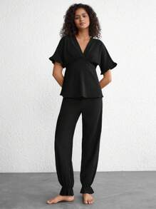 Solid V Neck Flounce Sleeve Top & Pants Lounge Set - Black - View 3