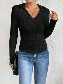 SHEIN Frenchy 純色褶皺側邊羅紋針織 T 卹 - 黑色 - 查看 5