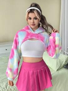 SHEIN EZwear 紮染超短版毛茸茸連帽衫不附帶背心 - 彩色 - 查看 1