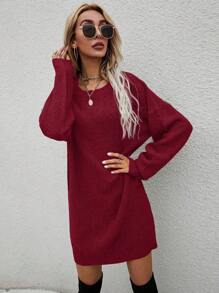 SHEIN LUNE Solid Drop Shoulder Sweater Dress - Burgundy - View 4
