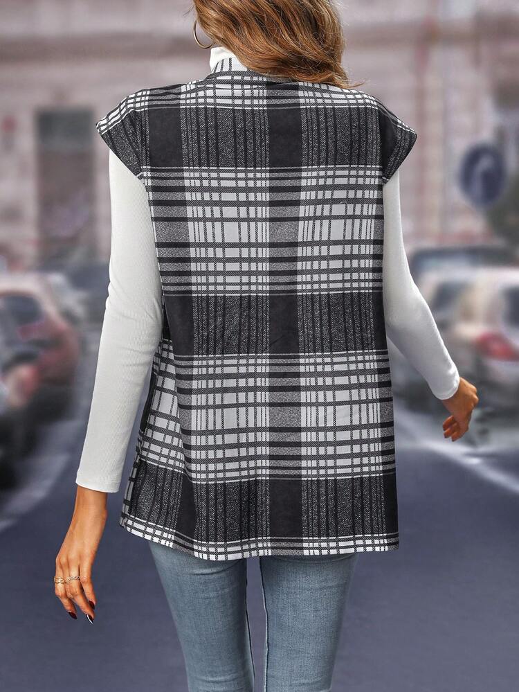 Plaid Print Open Front Button Detail Vest Coat