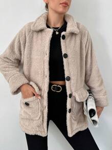 EURMUSE Teddy Jacket With Flip Pocket And Raglan Sleeve - Beige - View 3