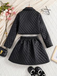 SHEIN Tween Girl Flap Detail Quilted Jacket & Skirt - Black - View 2