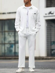 Manfinity Homme Conjunto De Camisa De Manga Larga Y Pantalón De Color Sólido Para Hombre Y Cómodo - Blanco - Ver 7