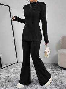 SHEIN Essnce de cuello alto Camiseta & Pantalones acampanados - Negro - Ver 3