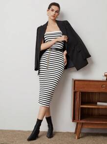 BizChic Sọc Dây đeo Mì Ý  Đồ đan Ribbed Đầm Áo len - Đen và trắng - Xem 7