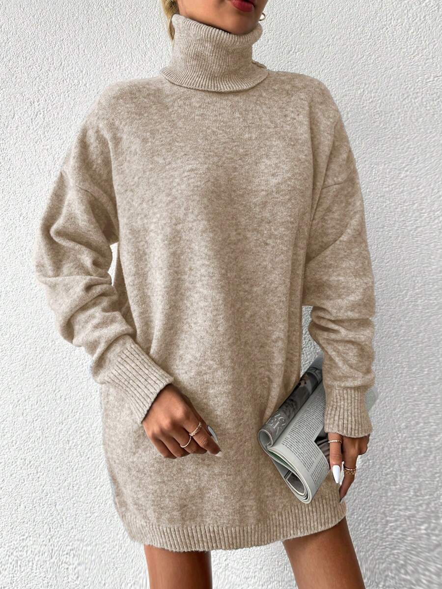 EURMUSE Turtleneck Drop Shoulder Sweater Dress - Apricot - View 1
