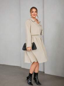 SHEIN Privé 大尺碼優雅短外套和背心裙2入組 - 卡其色 - 查看 5