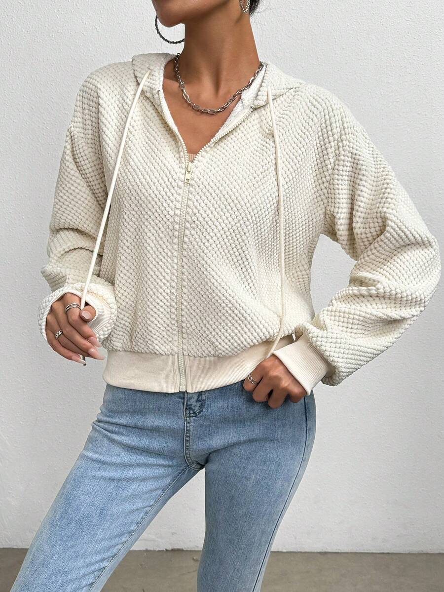 SHEIN Essnce 女士下垂肩拉鍊前開有帽夾克,帶束繩 - 杏色 - 查看 1