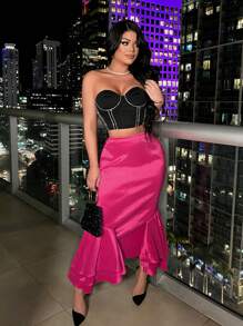 SHEIN SXY 優雅反光布midi裙,褶邊設計適合派對穿著 - 玫紅色 - 查看 6