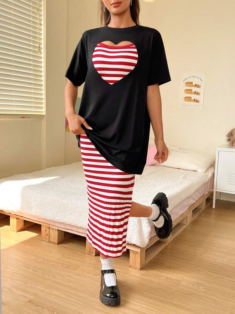Cutout Tee & Striped Print Split Hem Slip Dress