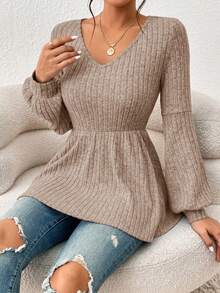 SHEIN Frenchy Cổ v Tay áo lồng đèn Xoay eo Áo thun - Màu nâu  Mocha - Xem 5