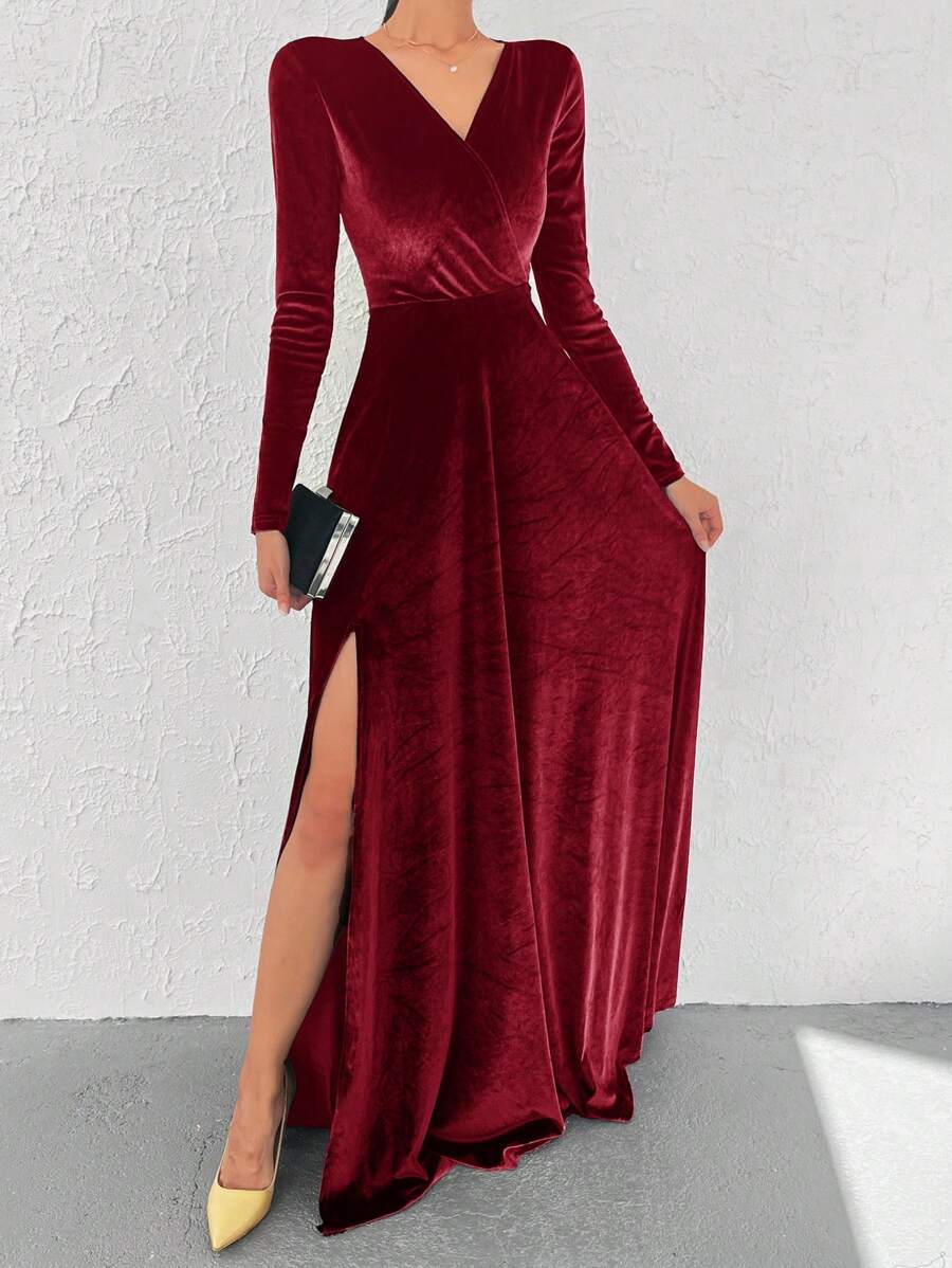 EURMUSE Chất rắn Tách đùi Surplice cổ Đầm - Màu đỏ tím - Xem 1