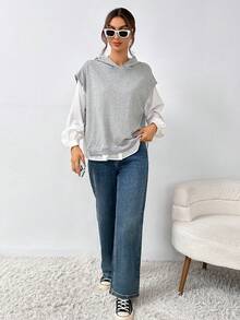 SHEIN Essnce Của phụ nữ 2 trong1 Áo nỉ có mũ - Màu Xám nhạt - Xem 4