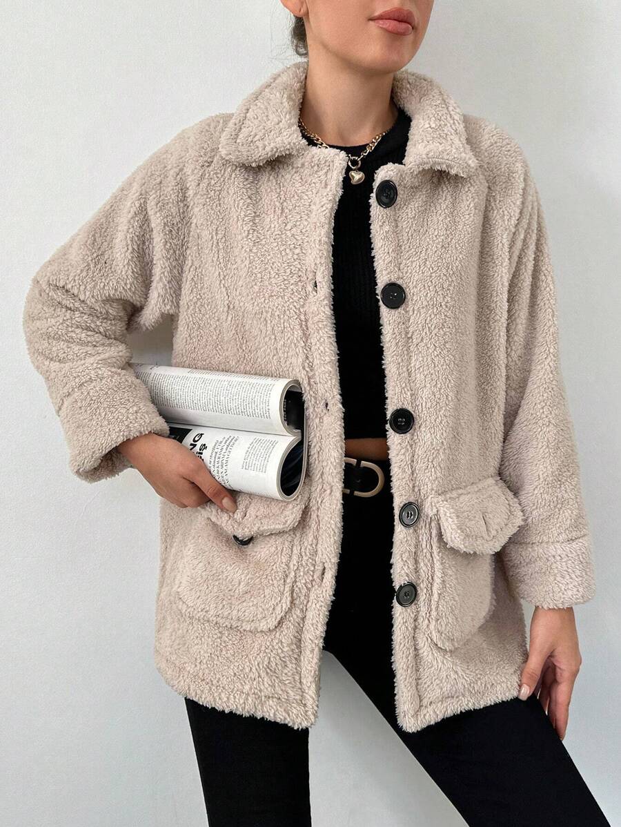 EURMUSE Teddy Jacket With Flip Pocket And Raglan Sleeve - Beige - View 1
