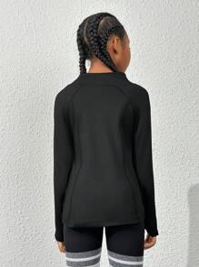 SHEIN 女大童拉鏈開襟拇指孔連帽運動夾克 - 黑色 - 查看 2