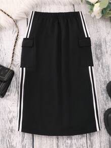 SHEIN Tween Girl Contrast Striped Flap Pocket Side Skirt - Black - View 1