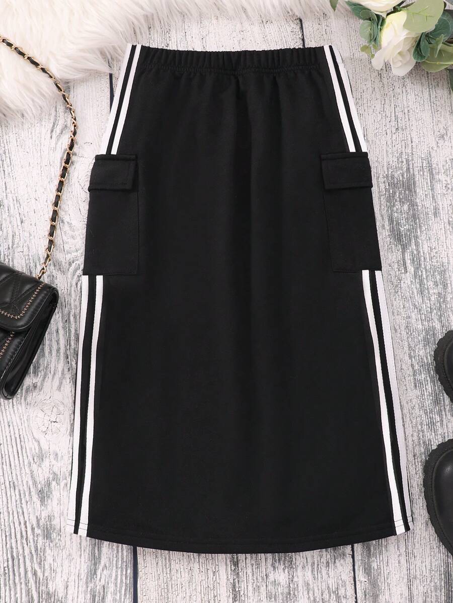 SHEIN Tween Girl Contrast Striped Flap Pocket Side Skirt - Black - View 1
