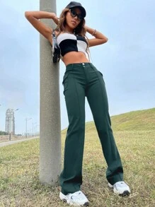 EURMUSE Solid Flap Pocket Side Pants - Dark Green - View 5