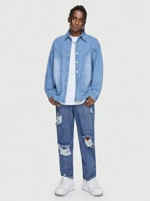 ROMWE MEN Street Life Men'S Drop Shoulder Denim Jacket - Blue - View 2