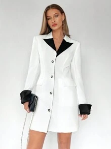 BizChic Color Blocking Notched Collar Blazer Dress - White - View 5