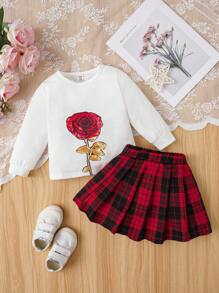 Baby Girls' 2pcs Rose Pattern Printed Elegant Cute Outfits For Autumn & Winter - Multicolor - View 1