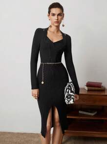 BizChic Women's High Slit Sweater Dress (belt Not Included) - Black - View 4