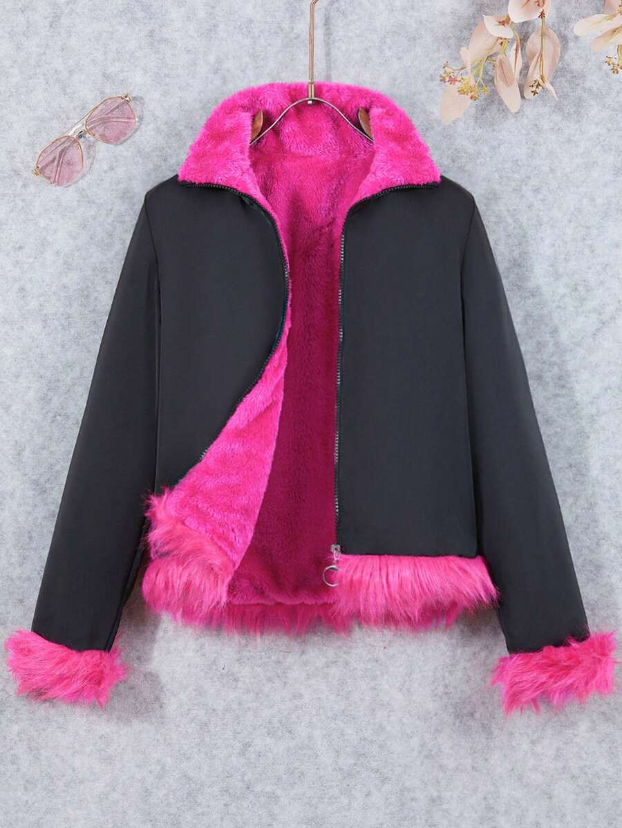 SHEIN 休閒仿皮草拼接 拉鍊女童（大）夾克 - 黑色 - 查看 1