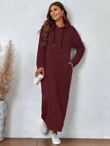 Kangaroo Pocket Drop Shoulder Hoodie Dress - Burgundy - View 6