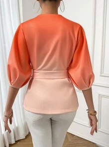 SHEIN Privé 漸層拼接細節燈籠袖不對稱下擺腰帶襯衫 - 彩色 - 查看 2