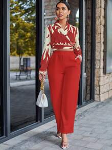 SHEIN Slayr Graphic Print Cross Wrap Tie Back Crop Blouse & Pants - Red - View 1