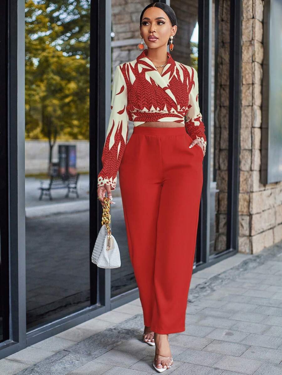 SHEIN Slayr Graphic Print Cross Wrap Tie Back Crop Blouse & Pants - Red - View 1
