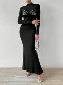 SHEIN Unity 水鑽骷髏手掌圖案小高領魚尾裙下擺洋裝 - 黑色 - 查看 4