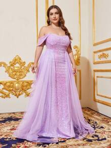 加大碼露肩拼接網紗亮片鱗魚裙禮服 - 紫丁香色 - 查看 6