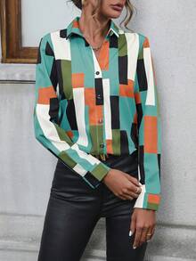 EMERY ROSE 女士印花v領襯衫 - 薄荷藍 - 查看 5