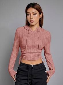 SHEIN EZwear 側抽繩短款連帽衫 - 藕粉色 - 查看 9