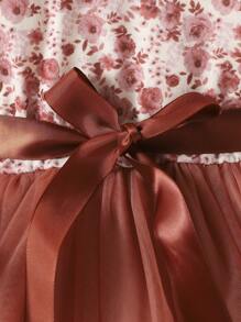 Baby Girl Ditsy Floral Print Ruffle Trim Mesh Hem Dress & Headband - Multicolor - View 5