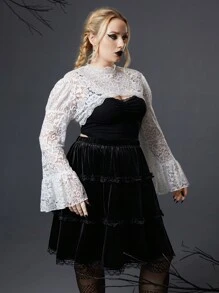 ROMWE Goth Kích thước lớn Của phụ nữ Nhung Váy Với Ren Viền bất đối xứng - màu đen - Xem 4