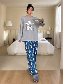 DAZY Floral Print Drop Shoulder Tee & Pants Lounge Set - Grey - View 4