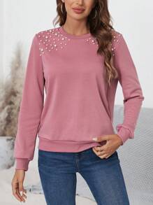 SHEIN Clasi Ngọc trai đính cườm Vòng cổ Áo nỉ - Bụi hồng - Xem 4