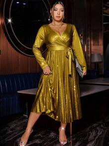 Allurite Plus Surplice Neck Pleated Hem Knot Front Dress - Gold - View 4