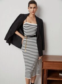 BizChic Sọc Dây đeo Mì Ý  Đồ đan Ribbed Đầm Áo len - Đen và trắng - Xem 8