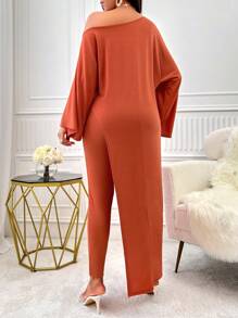 SOLERSUN Asymmetrical Neck Batwing Sleeve Tee & Leggings - Rust Brown - View 2