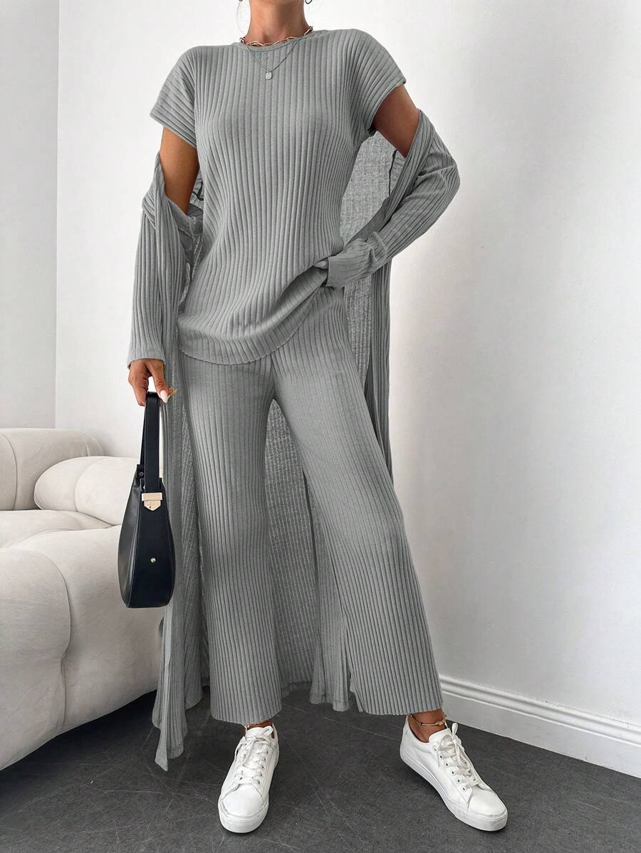 EURMUSE 3件套女士休闲纯色短袖上衣和长裤套装 - 淺灰色 - 查看 1